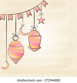 Colorful arabic lamps, moon and stars hanging by rope on stylish beige background for holy month of muslim community, Ramadan Kareem celebration.