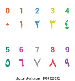 colorful arabic numbers on white background.