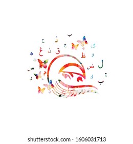 Colorful Arabic woman with hijab and Arabic Islamic calligraphy symbols isolated vector background. Education concept