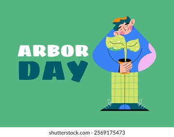 Colorful Arbor Day illustration of a person holding a young seedling. Perfect for celebrating tree-planting events and promoting environmental awareness