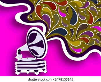 Colorful arc drops coming from gramophone in sticker style on fuchsia pink background.
