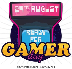 Colorful arcade game console, with big screen and retro sign promoting Gamer Day this 29th August.