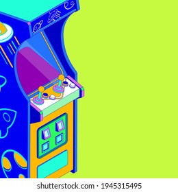 Colorful arcade machine with space decorations, vintage videogames concept, 3D illustration