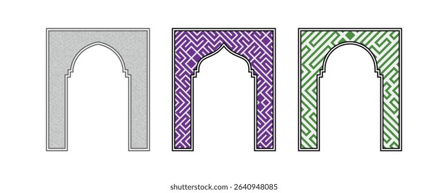 Colorful arch frame with geometric maze and diamond pattern design for Islamic window or oriental decorative architecture vector illustration.