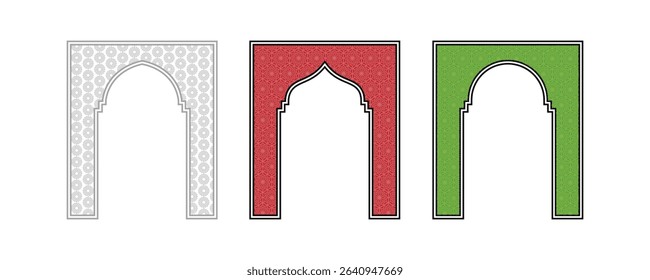 Colorful arch pattern frame with Islamic ornamental floral design in vector illustration for traditional window or doorway decoration element.