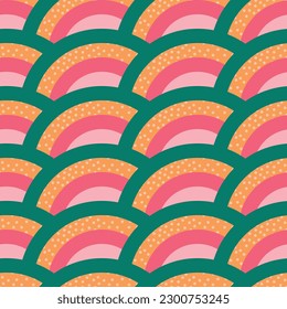 Colorful arch seamless vector pattern. Cheerful design with pink, orange and green scallop shape elements. Fun bright bold geometric texture. Repeat graphic print for paper and textiles.