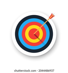 Colorful archery target with arrow and shadow. Template design for competition winning, goal achievement, victory and business. Concept target market, audience, group, consumer. Vector illustration