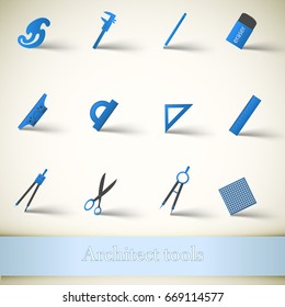 Colorful architect tools and equipment set with caliper pencil eraser different rulers compass scissors isolated vector illustration