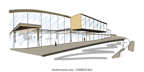 Colorful architecture sketch of building exterior facade with large windows and terraces. Office, shopping exterior. Hand drawn ink style vector illustration.