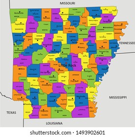 Colorful Arkansas political map with clearly labeled, separated layers. Vector illustration.