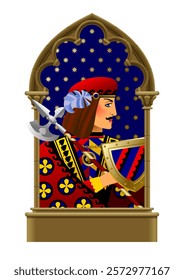 Colorful armed character of the playing card Jack in a brown gothic frame on dark blue background with gold stars isolated on white. Vector illustration
