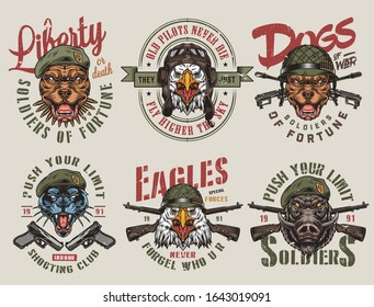 Colorful Army And Animals Vintage Labels With Guns Rifles Inscriptions Aggressive Pitbull Wild Boar Black Panther Eagle Heads In Military Helmets And Hats Isolated Vector Illustration