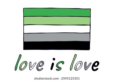 Colorful Aromantic pride flag Happy pride day LGBTQ community Pride Month Vector hand drawn doodle for posters, stickers, logo, cards