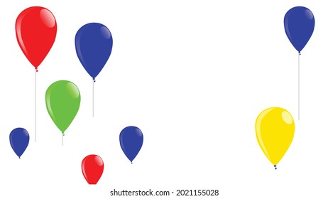 A colorful arrangement of balloons floating away on a white backdrop
