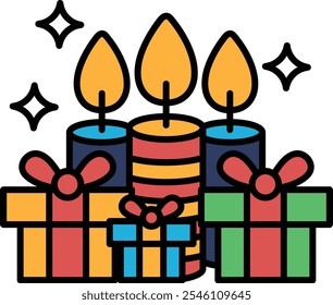 A colorful arrangement of candles and presents with a festive and celebratory mood. The candles are lit and the presents are wrapped in colorful paper, creating a warm and inviting atmosphere