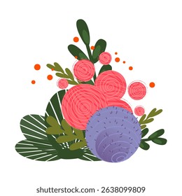 A colorful arrangement of flowers and leaves. The composition includes pink roses, purple spheres, and green foliage, creating a vibrant and lively scene.