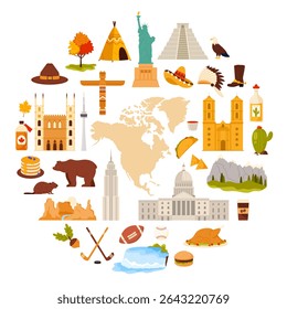 A colorful arrangement of iconic symbols and landmarks representing various countries, cultures, and regions across North America, showcasing the diverse heritage and attractions.