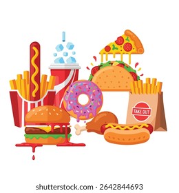 A colorful arrangement of junk food items including burger, pizza, taco, donut and soda.