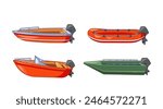 Colorful Array Of Boats. Motorboats With Onboard Features And Inflatable Raft For Leisure And Water Adventure Activities