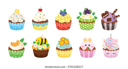 Colorful array of decorated cupcakes with playful toppings.