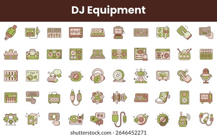 A colorful array of DJ equipment icons, featuring mixers, turntables, headphones, and sound controllers, perfect for music enthusiasts and event planners.