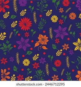 Colorful Array of Hand-Drawn Floral Patterns on a Deep Blue BackgroundA vibrant and artistically rendered assortment of flowers and foliage sprawls across a deep blue canvas, featuring a multitude 