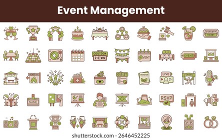 A colorful array of icons representing various aspects of event management, including planning, decoration, and guest experiences in a creative layout.