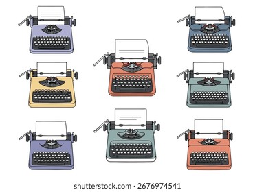 Farbenfrohe Reihe von neun Vintage-Schreibmaschinen mit unbeschriebenem Papier, ideal für Themen wie Kreativität, Schrift, Journalismus, alte Technologie und Retro-Stil.