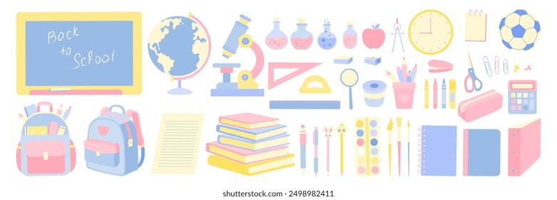 A colorful array of school supplies, including a backpack, a clock, a ruler, a calculator, and a book