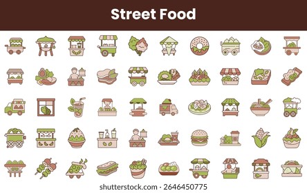 A colorful array of street food icons, showcasing various food trucks, dishes, and beverages perfect for any food lover's delight.