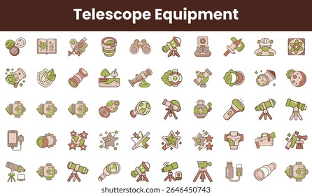 Uma gama colorida de ícones de equipamentos de telescópio, apresentando várias ferramentas para entusiastas da astronomia, incluindo telescópios, binóculos e acessórios relacionados.
