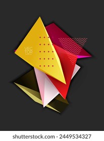 A colorful array of triangles in various sizes and shades displayed on a dark background, resembling a vibrant art piece inspired by origami paper craft