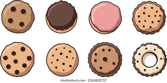 A colorful array of various cookies and treats, including heart-shaped cookies, classic round cookies with chocolate chips, a triangular cookie, and pink and chocolate variations. 