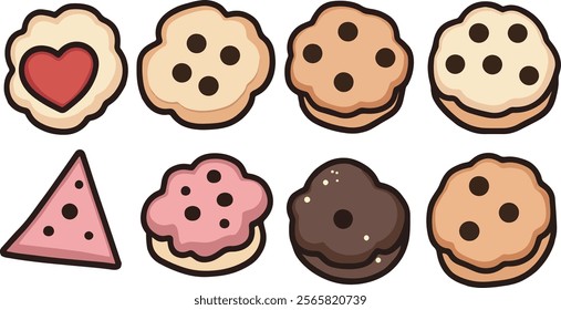 A colorful array of various cookies and treats, including heart-shaped cookies, classic round cookies with chocolate chips, a triangular cookie, and pink and chocolate variations. 