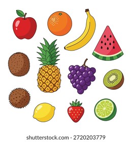 Una colorida variedad de frutas y postres que incluyen una manzana, naranja, plátano, rodaja de sandía, piña, uvas, kiwi, fresa, limón y galletas. La Imagen muestra una vibrante variedad de opciones saludables y dulces, ideales para una dieta equilibrada.