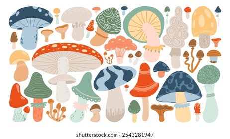 Colorful array of whimsical mushrooms in various shapes and sizes. Perfect for forest-themed designs, botanical prints, and nature-inspired projects.