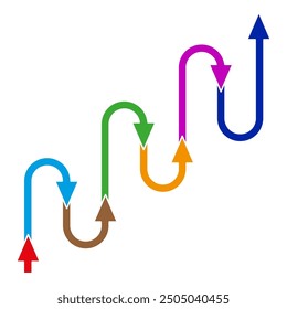 Farbiges Pfeildiagramm. Nach oben gekrümmte Pfeile. Multidirektionaler Fluss. Vektorfortschrittsymbol.