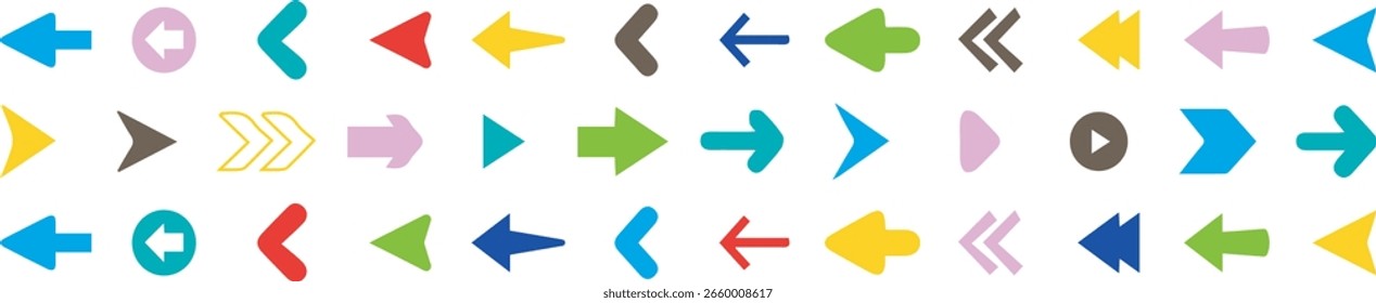 Flecha colorida y iconos de cursor. flecha dinámica en movimiento que representa la velocidad, iconos establecidos. Flecha colección. Conjunto grande de flecha simple. Ilustración vectorial.