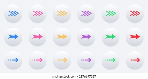 Colorful Arrow Digital Icon Set in Neumorphism Style. Direction, Navigation, Orientation, Download Cursor Pictogram. Right, Next, Share Link, Back, Forward Symbol. Isolated Vector Illustration.