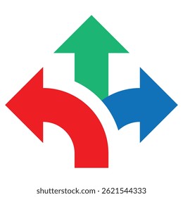 Colorful Arrow Directions Icon – Red, Green, and Blue Arrows Pointing in Different Paths. represents choice, decision-making, multiple paths, navigation, or divergence. Vector concept.