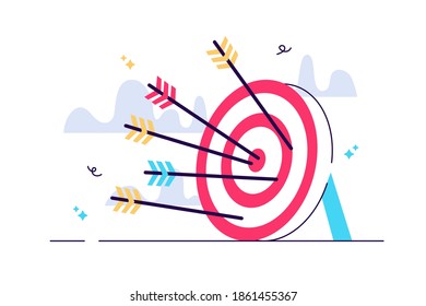 Colorful arrow hitting target mark vector illustration. Multiple arrows exactly into goal of dartboard isolated on white background. Concept of accuracy business strategy, successful and victory