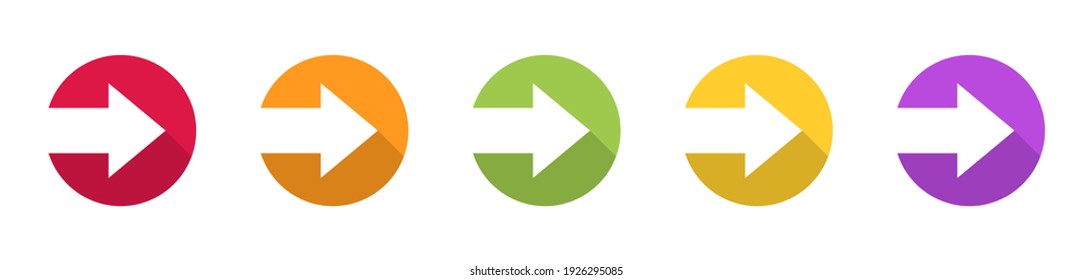 Colorful arrow icon in circle. Collection colored arrow with shadow. Modern flat simple arrows isolated. Cursor sign. Arrows vector graphic elements. Vector illustration.