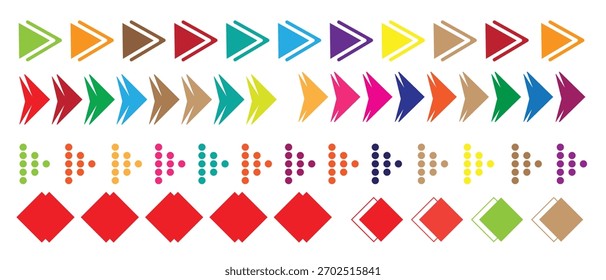 Conjunto de iconos de flecha colorida con múltiples estilos y Formas. Símbolos direccionales modernos, punteros de navegación, flechas de puntos e indicadores de Vector.