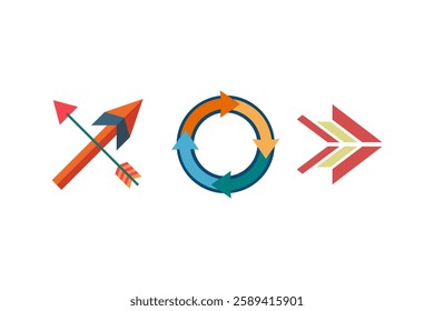 Colorful Arrow Icon Set Representing Direction and Circular Movement, Vector Illustration