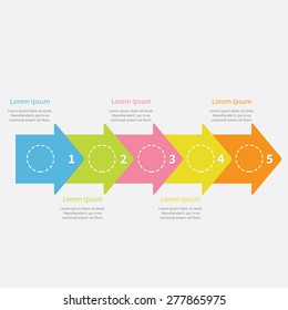 Colorful arrow line Five step Timeline Infographic circle and text. Template. Flat design. Vector illustration