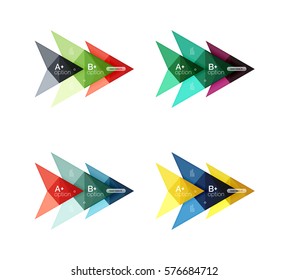 Colorful arrow option infographics banners, business geometric universal templates. Backgrounds for workflow layout, diagram, number options or web design