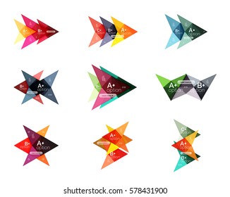 Colorful arrow option infographics banners, business geometric universal templates. Backgrounds for workflow layout, diagram, number options or web design