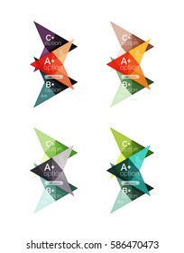 Colorful arrow option infographics banners, business geometric universal templates. Backgrounds for workflow layout, diagram, number options or web design