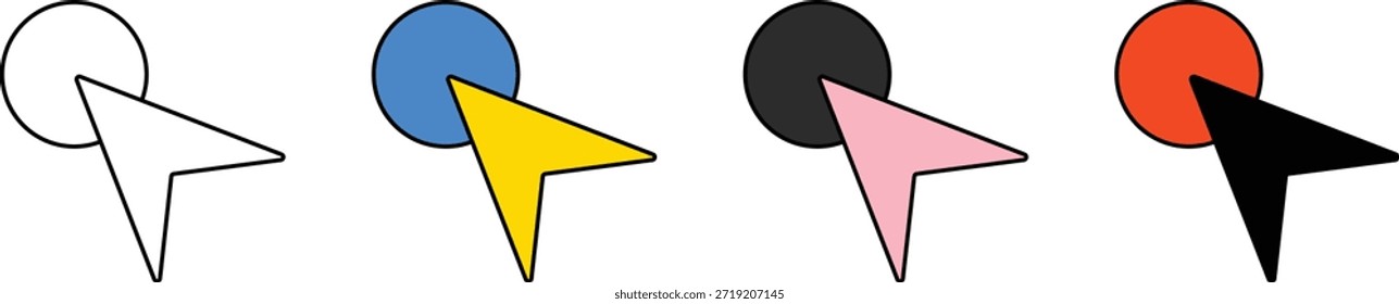 Ponteiros de seta coloridos em círculos, conjunto de ícones, design plano, uso da Web