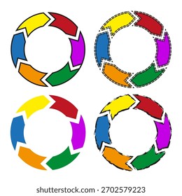 Coloridos anillos de flecha. Vector de proceso cíclico. Elemento de bucle circular. Cuatro objetos gráficos.